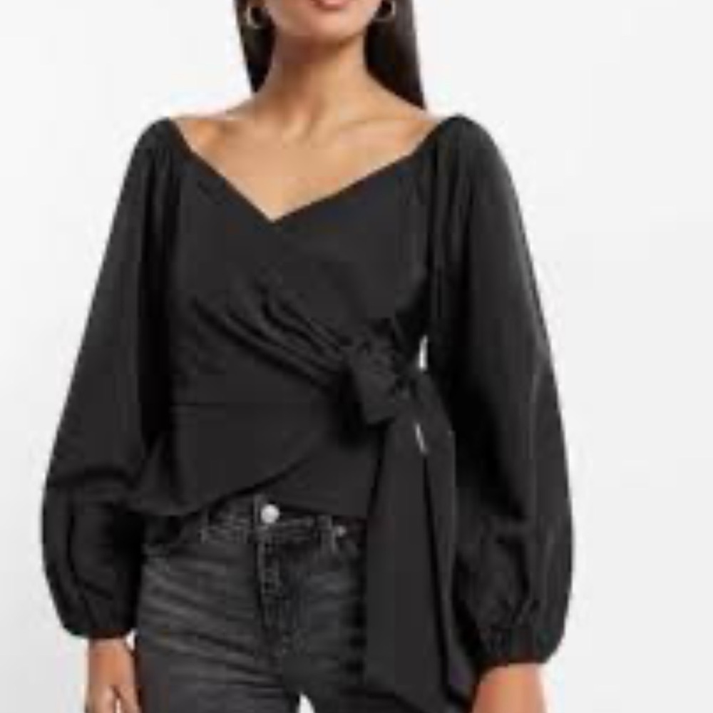 Express Black Satin V-Neck Blouse With Balloon Sleeves Faux Wrap NEW